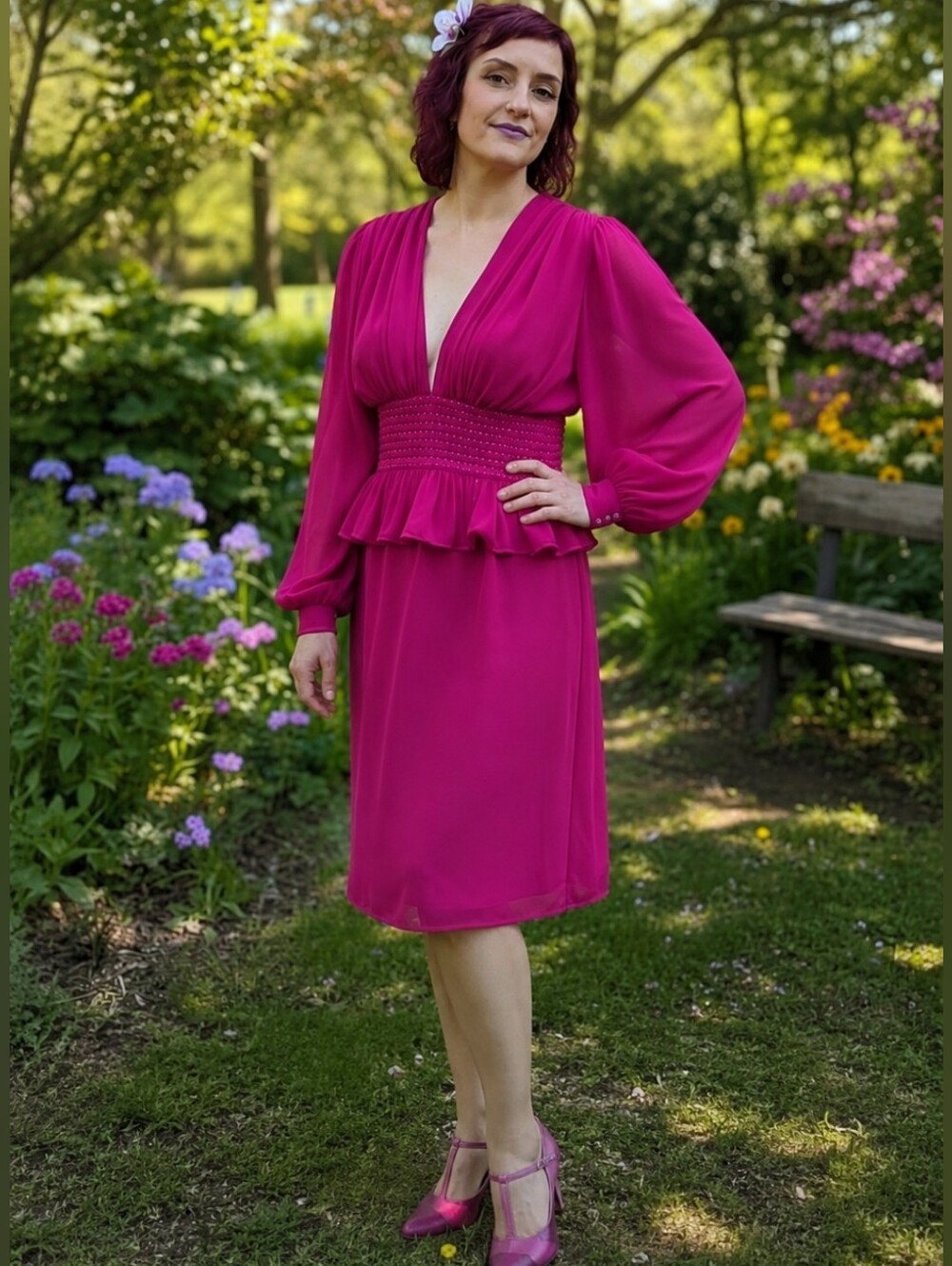 Vintage Wayne Clark Fuchsia Beaded Peplum Cocktail Dress 80s Glam Size 10